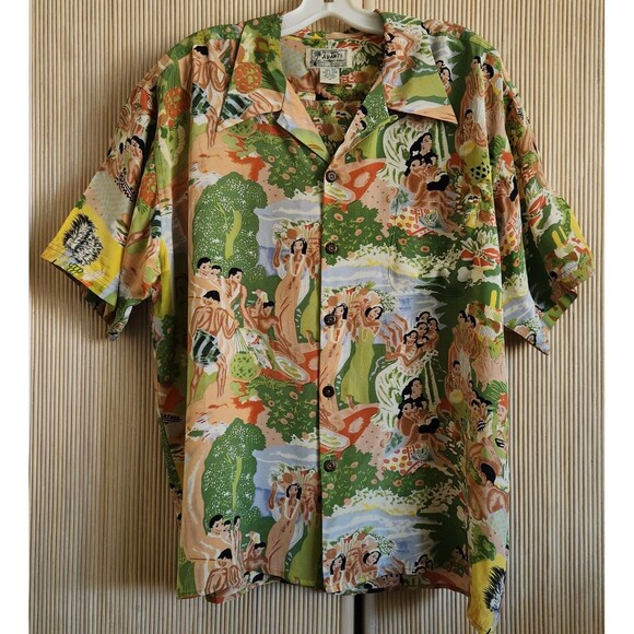 Avanti Men's Silk Aloha Shirt Size Medium Eugene Savage Island Feast Hawaii EUC - Picture 1 of 6